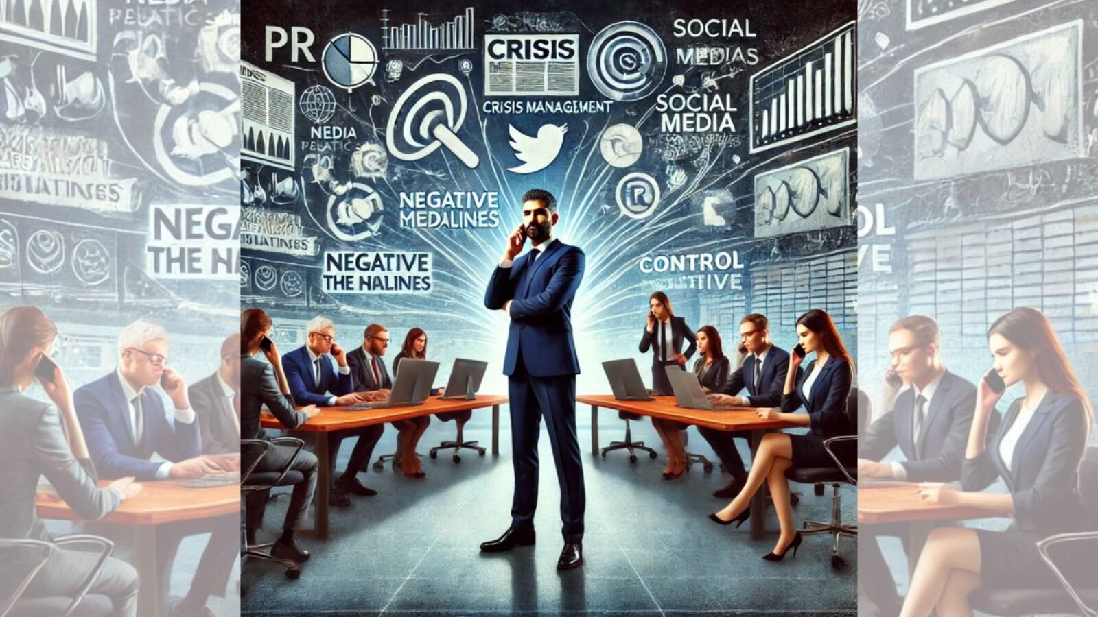 Illustration of a crisis management scenario where a businessman, Mr. Patel, stands confidently while behind him are negative media headlines and social media notifications. In front, a team of PR professionals is working on computers, talking on phones, and holding meetings to control the narrative, set in a newsroom environment with strategic charts on the walls, conveying professionalism and urgency.